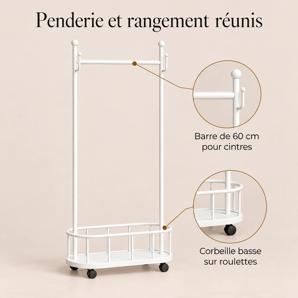 Porte-manteau sur pied métal blanc 60 cm - portant à roulettes - bénéfices et organisation