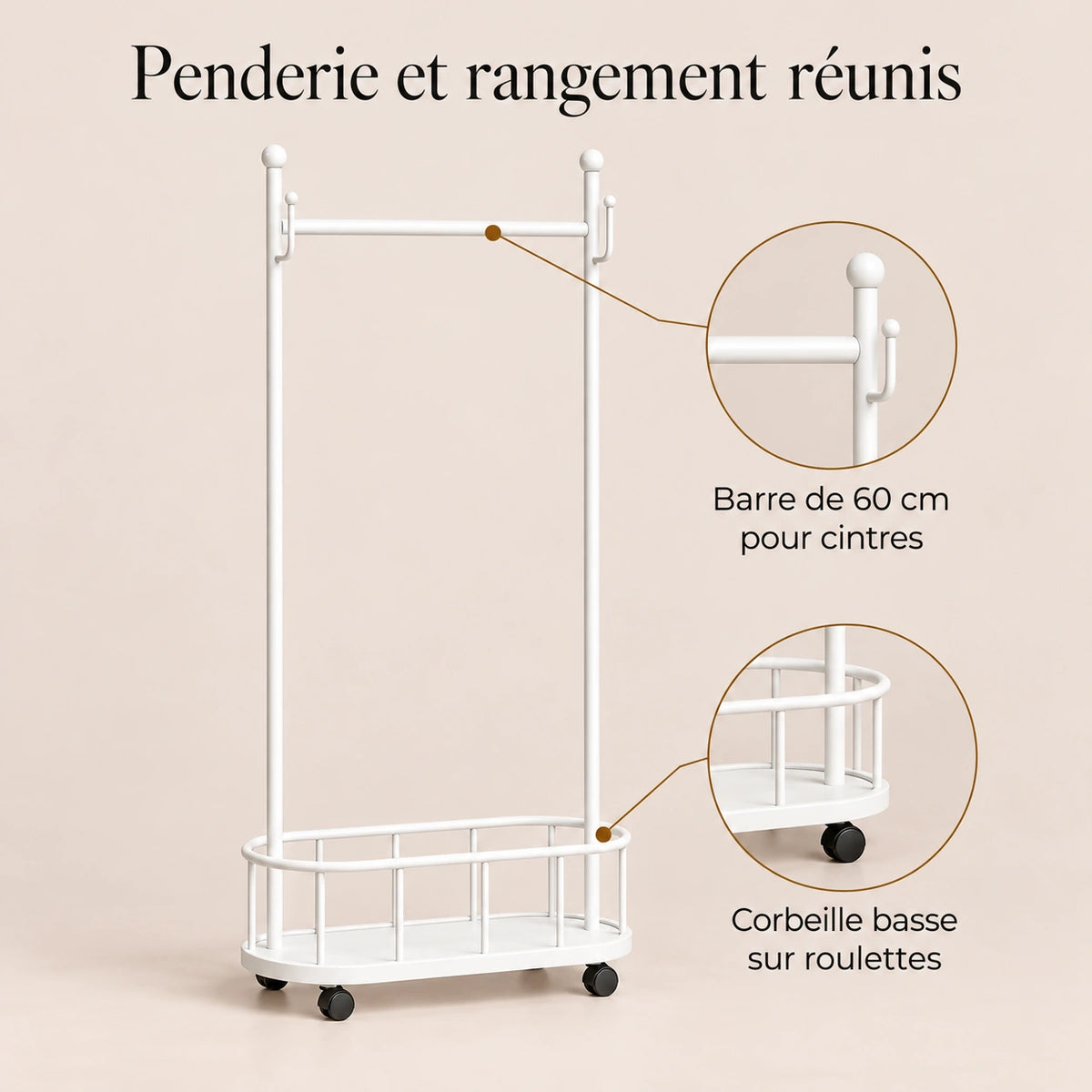 Porte-manteau sur pied métal blanc 60 cm - portant à roulettes - bénéfices et organisation