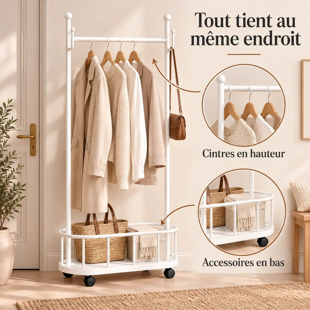Porte-manteau sur pied métal blanc 60 cm - portant à roulettes - utilisation dans une entrée