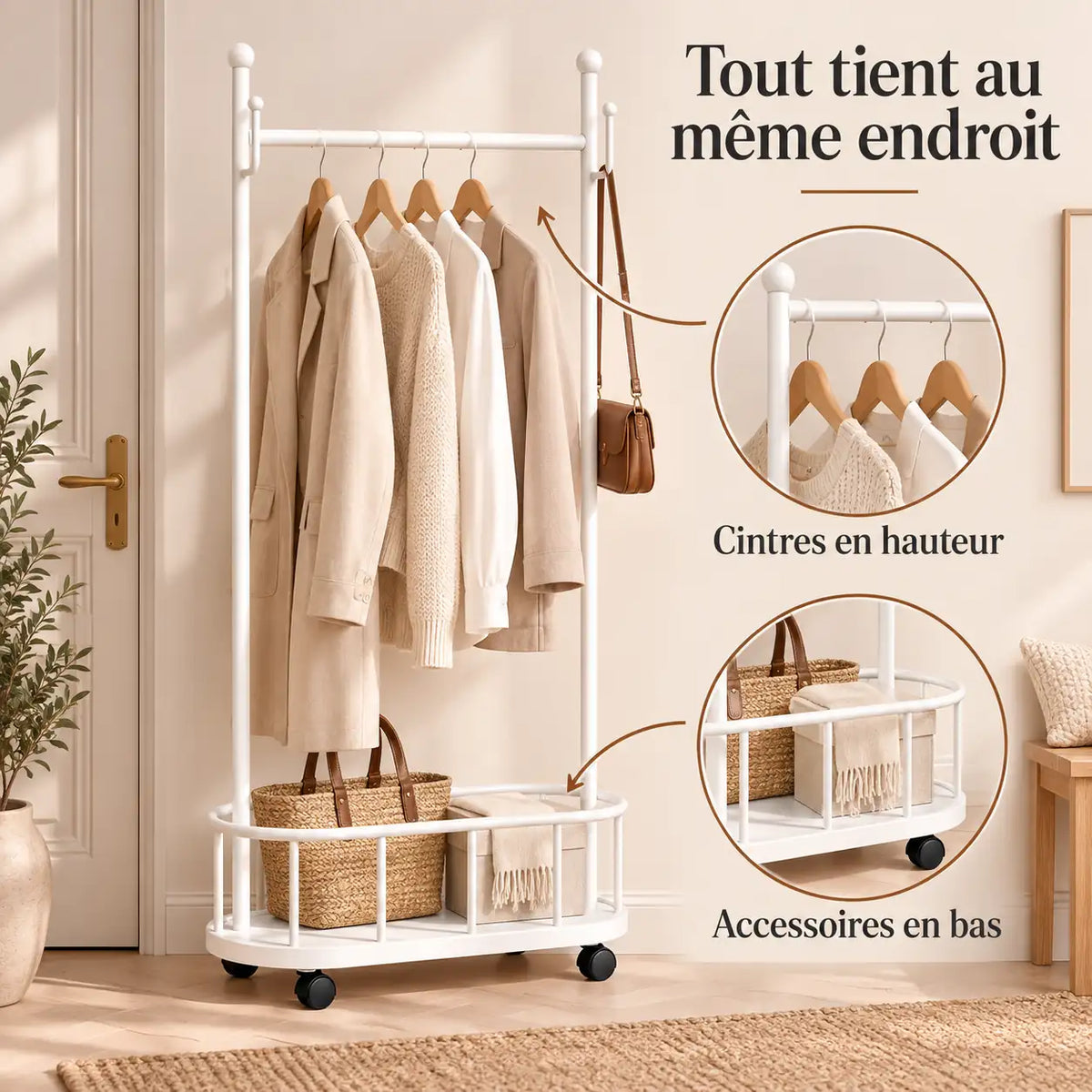 Porte-manteau sur pied métal blanc 60 cm - portant à roulettes - utilisation dans une entrée