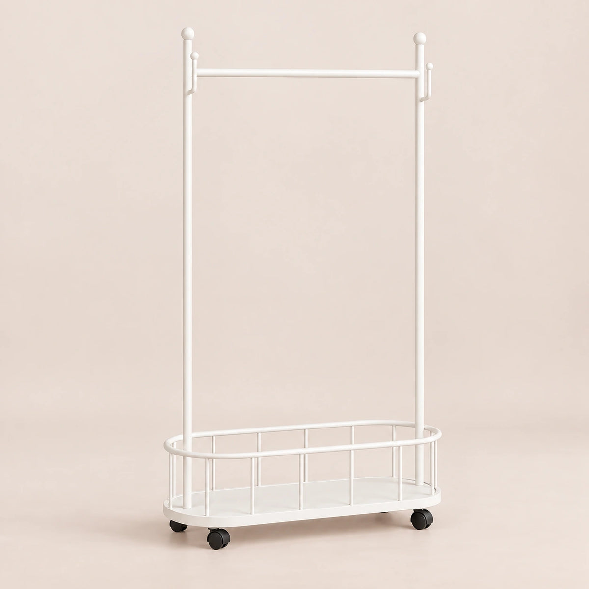 Porte-manteau sur pied métal blanc 80 cm - portant à roulettes - vue principale sur fond beige