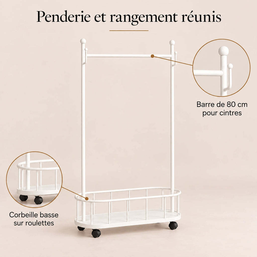 Porte-manteau sur pied métal blanc 80 cm - portant à roulettes - bénéfices et organisation