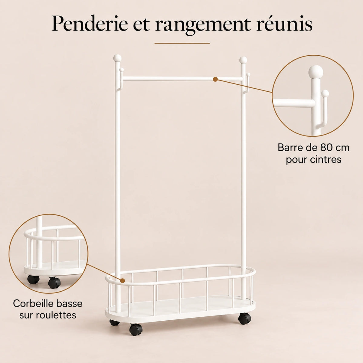 Porte-manteau sur pied métal blanc 80 cm - portant à roulettes - bénéfices et organisation