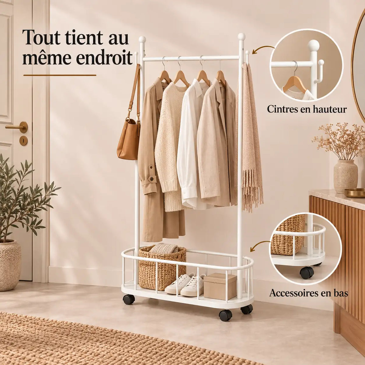 Porte-manteau sur pied métal blanc 80 cm - portant à roulettes - utilisation dans une entrée