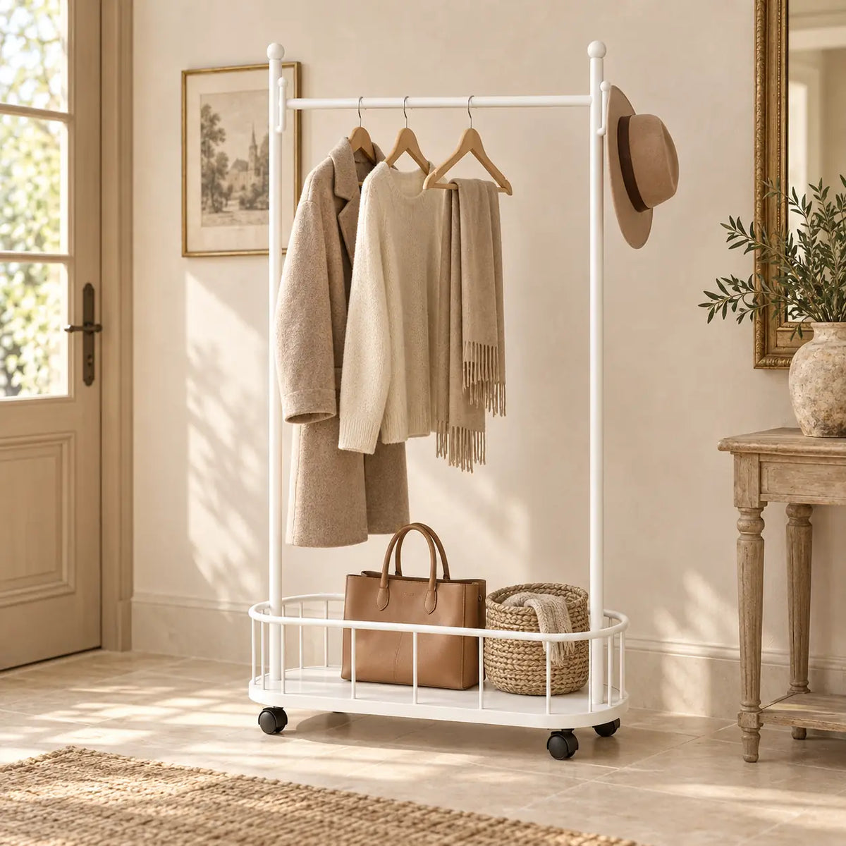 Porte-manteau sur pied métal blanc 80 cm - portant à roulettes - mise en scène dans une entrée