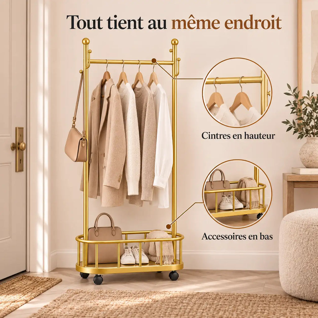Porte-manteau sur pied métal doré 60 cm - portant à roulettes - utilisation dans une entrée