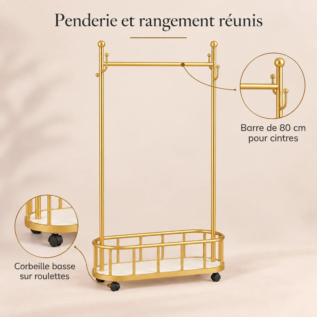 Porte-manteau sur pied métal doré 80 cm - portant à roulettes - bénéfices et organisation