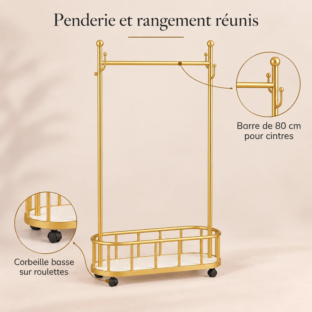 Porte-manteau sur pied métal doré 80 cm - portant à roulettes - bénéfices et organisation