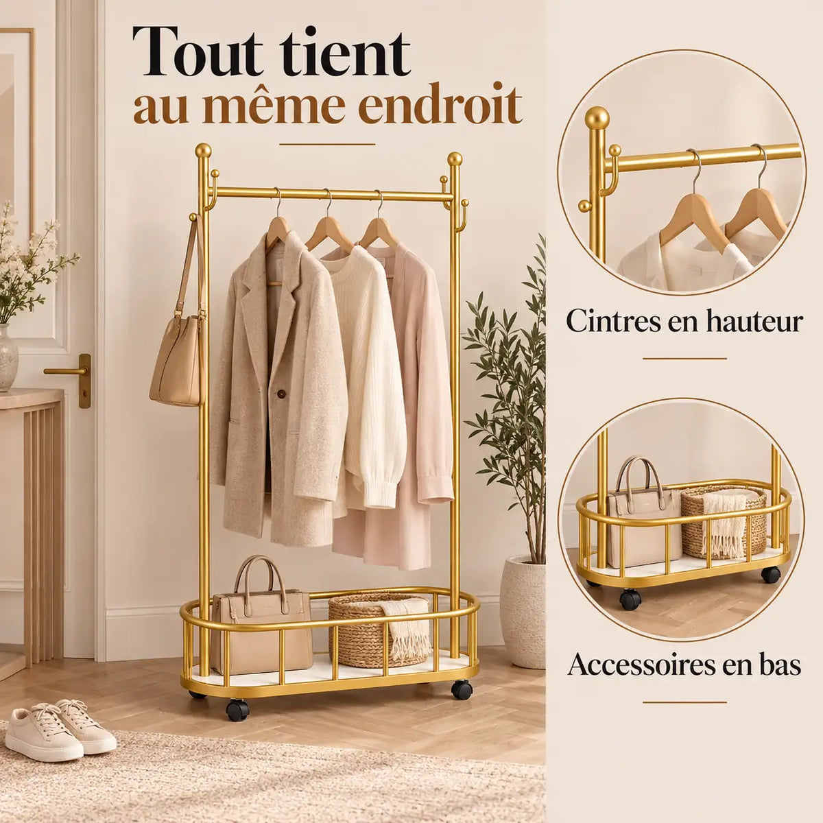 Porte-manteau sur pied métal doré 80 cm - portant à roulettes - utilisation dans une entrée