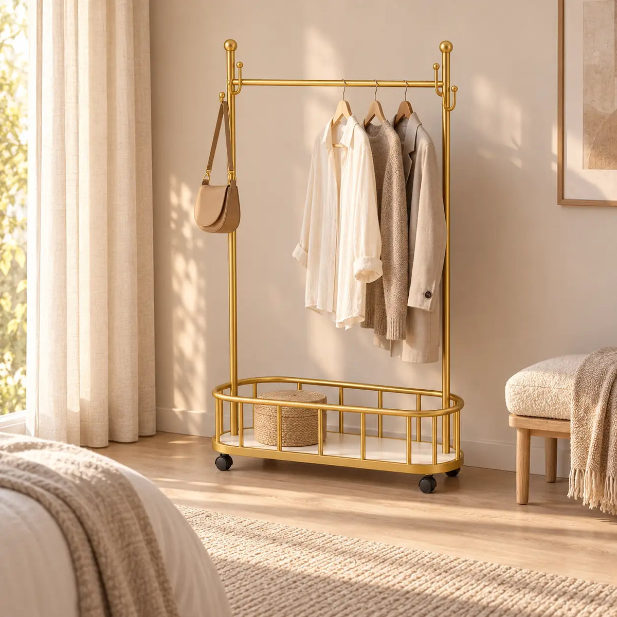 Porte-manteau sur pied métal doré 80 cm - portant à roulettes - ambiance dans un dressing contemporain