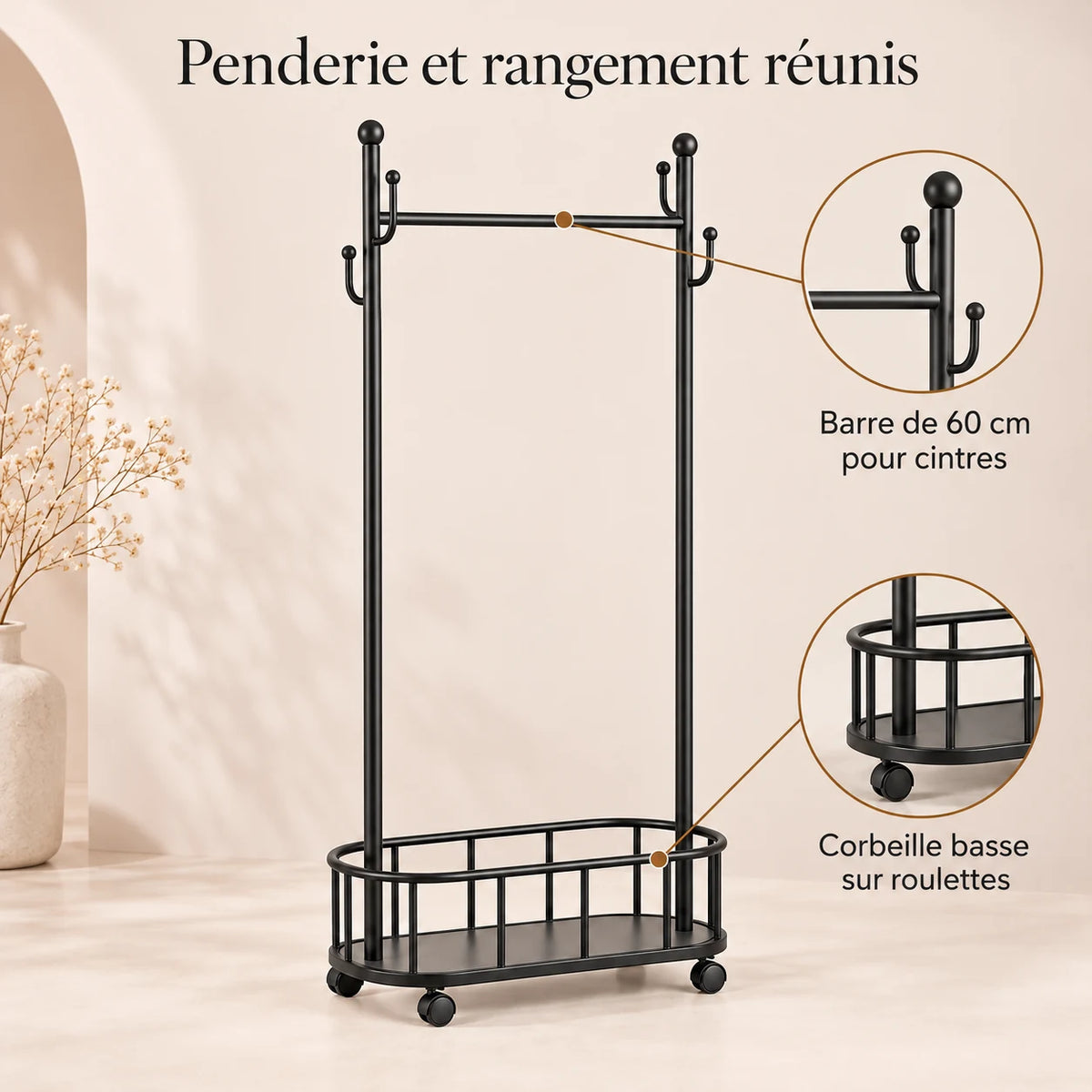 Porte-manteau sur pied métal noir 60 cm - portant à roulettes - bénéfices et organisation