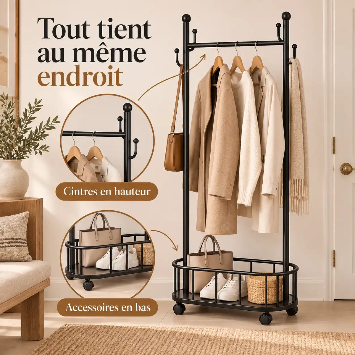 Porte-manteau sur pied métal noir 60 cm - portant à roulettes - utilisation dans une entrée