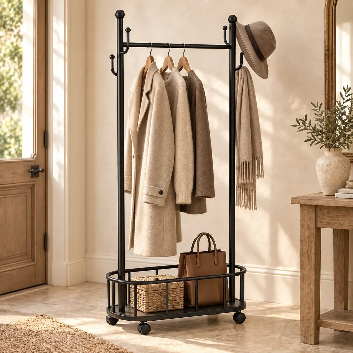 Porte-manteau sur pied métal noir 60 cm - portant à roulettes - mise en scène dans une entrée