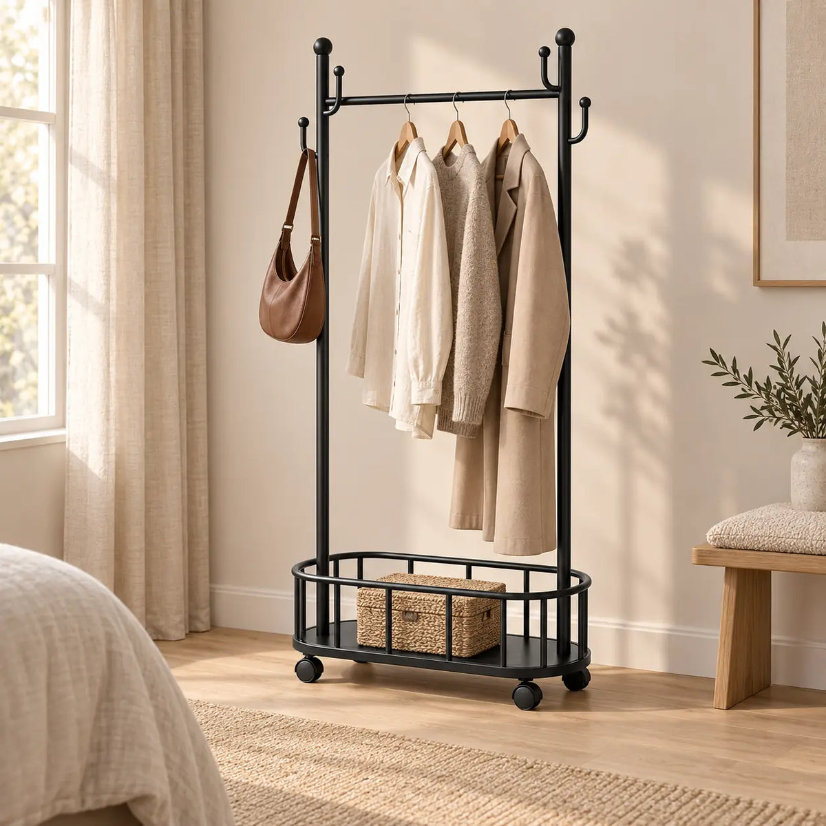 Porte-manteau sur pied métal noir 60 cm - portant à roulettes - ambiance dans un dressing contemporain
