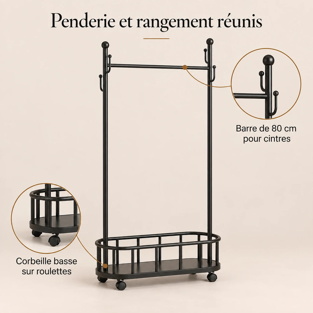 Porte-manteau sur pied métal noir 80 cm - portant à roulettes - bénéfices et organisation