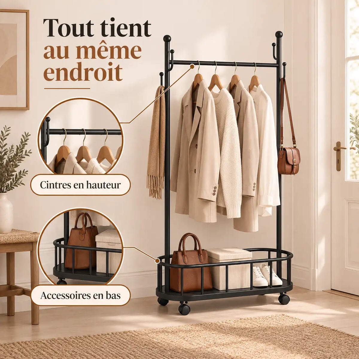 Porte-manteau sur pied métal noir 80 cm - portant à roulettes - utilisation dans une entrée