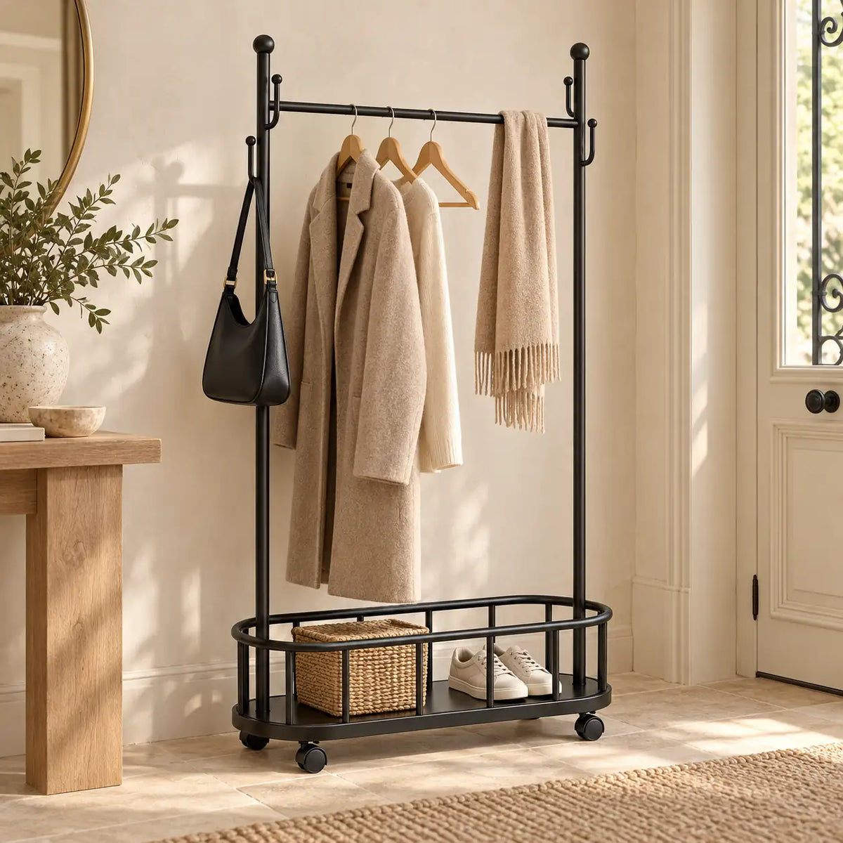 Porte-manteau sur pied métal noir 80 cm - portant à roulettes - mise en scène dans une entrée