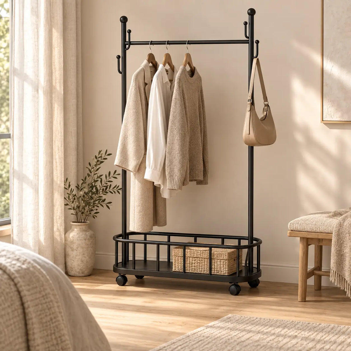Porte-manteau sur pied métal noir 80 cm - portant à roulettes - ambiance dans un dressing contemporain