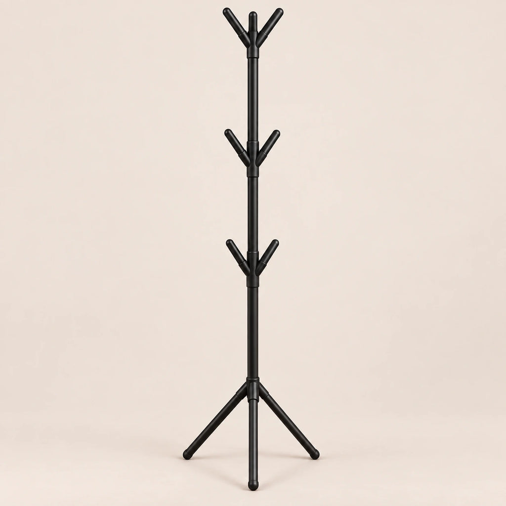 Porte-manteau sur pied noir 9 crochets arbre - vue principale sur fond beige