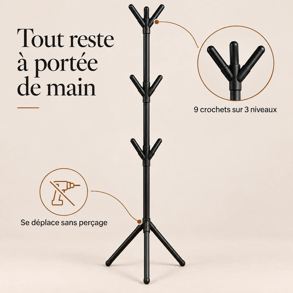 Porte-manteau sur pied noir 9 crochets arbre - bénéfices et organisation