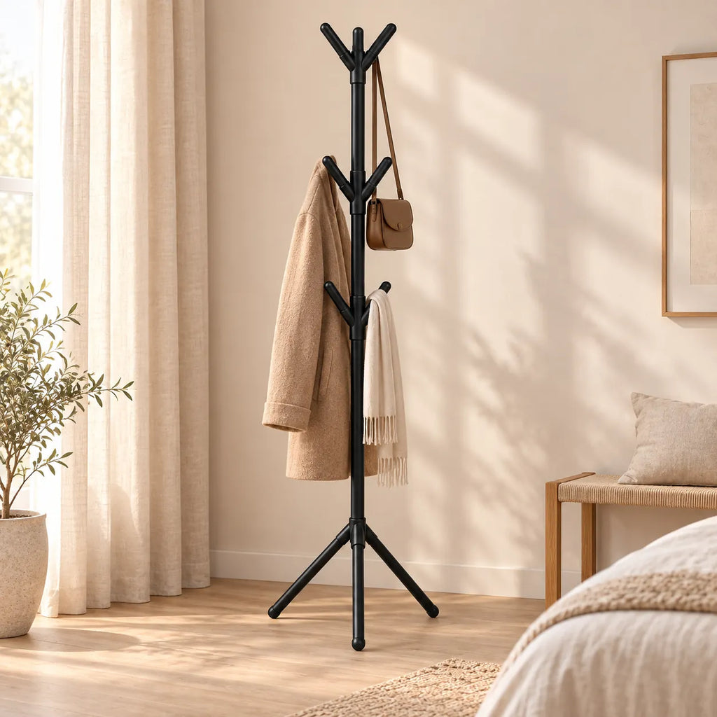Porte-manteau sur pied noir 9 crochets arbre - ambiance dans un dressing contemporain
