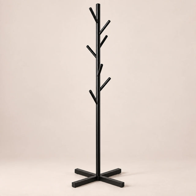 Porte-manteau sur pied noir arbre 8 crochets - vue principale sur fond beige