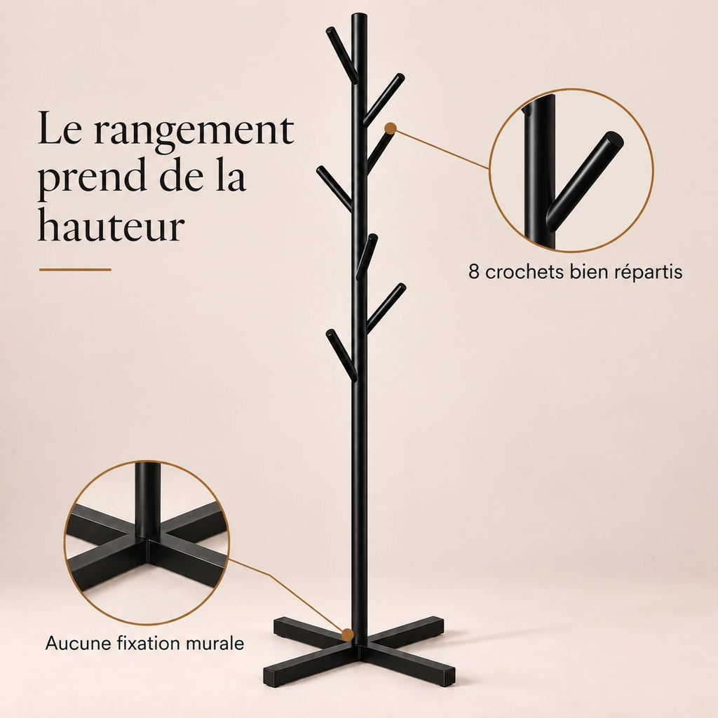 Porte-manteau sur pied noir arbre 8 crochets - bénéfices et organisation