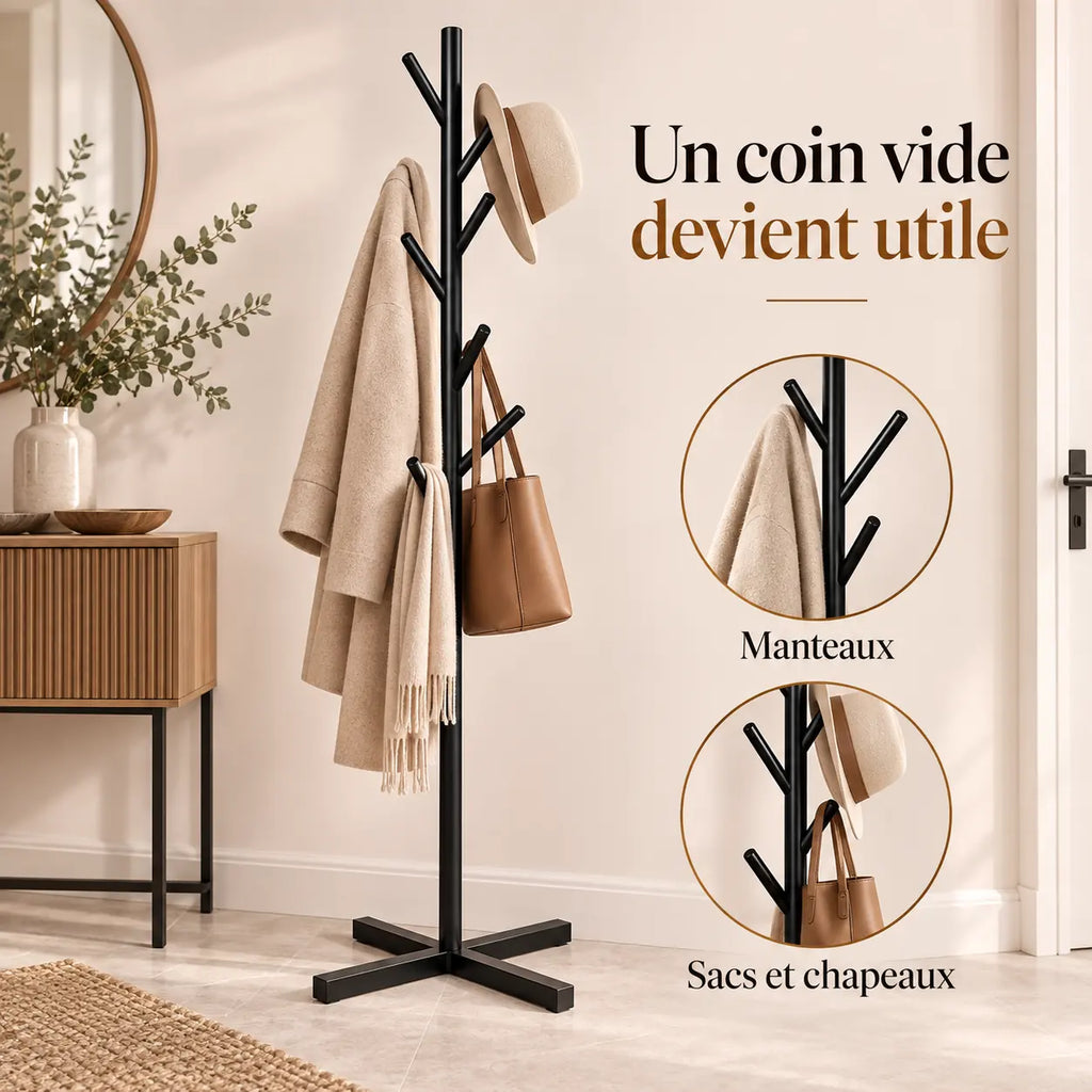 Porte-manteau sur pied noir arbre 8 crochets - utilisation dans une entrée