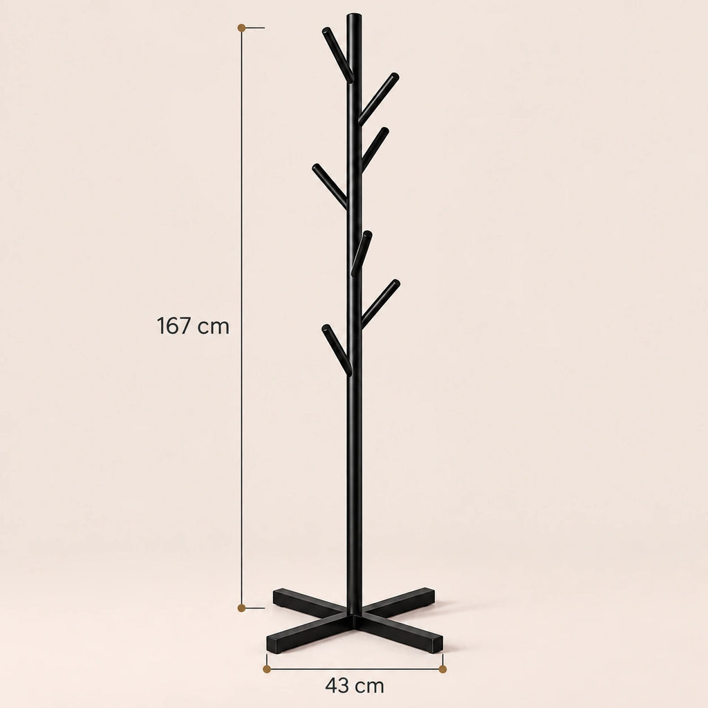 Porte-manteau sur pied noir arbre 8 crochets - dimensions du produit