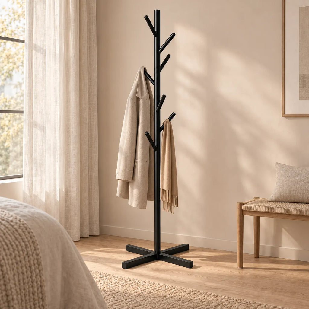 Porte-manteau sur pied noir arbre 8 crochets - ambiance dans un dressing contemporain