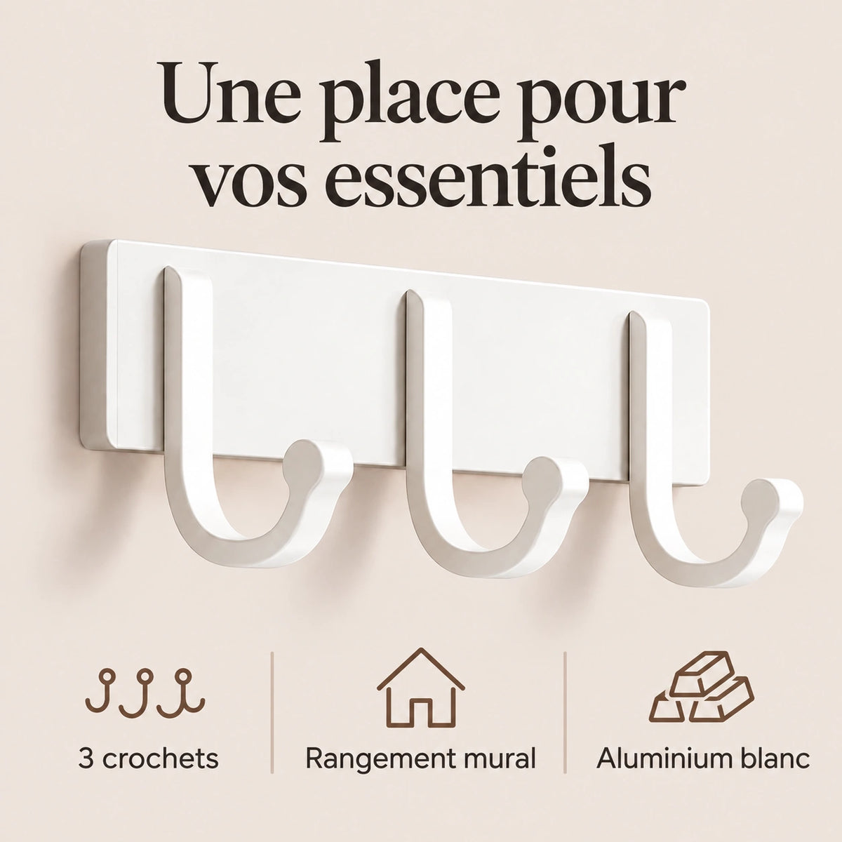 Crochet mural adhésif blanc 3 crochets aluminium — bénéfices