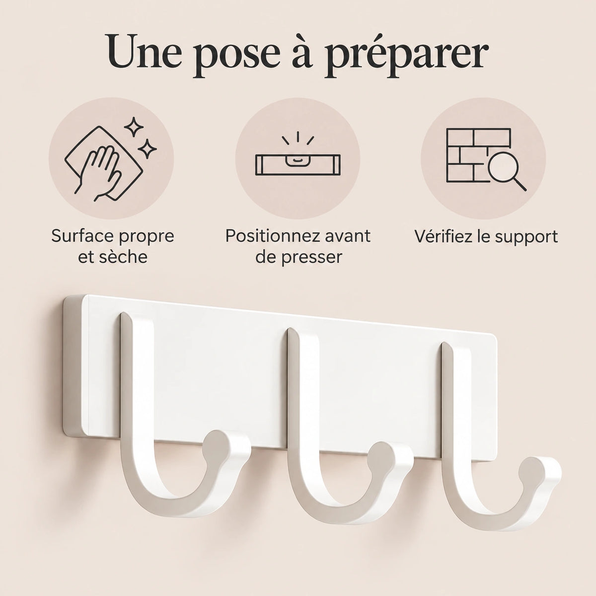 Crochet mural adhésif blanc 3 crochets aluminium — conseils de pose
