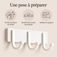 Crochet mural adhésif blanc 3 crochets aluminium — conseils de pose
