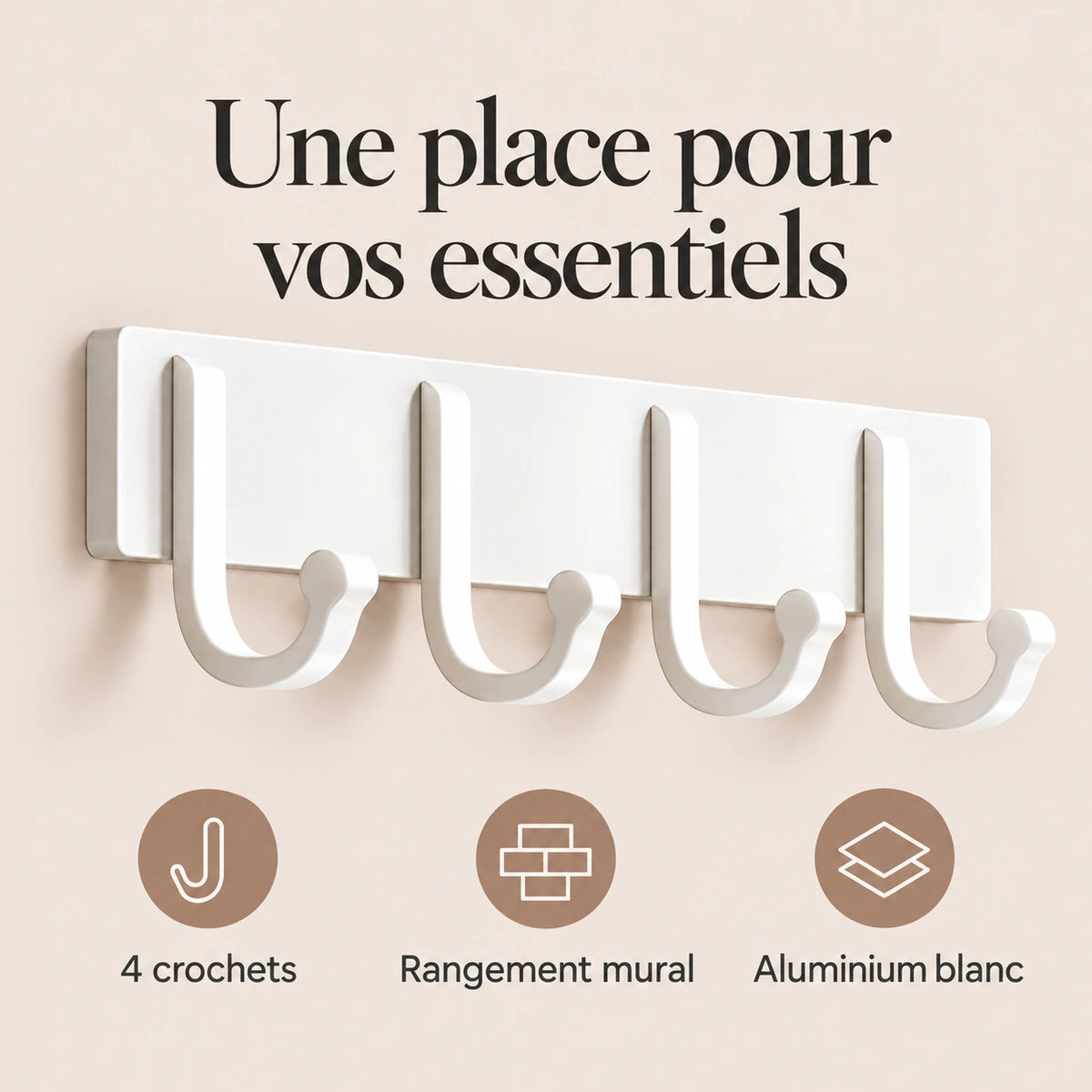 Crochet mural adhésif blanc 4 crochets aluminium — bénéfices