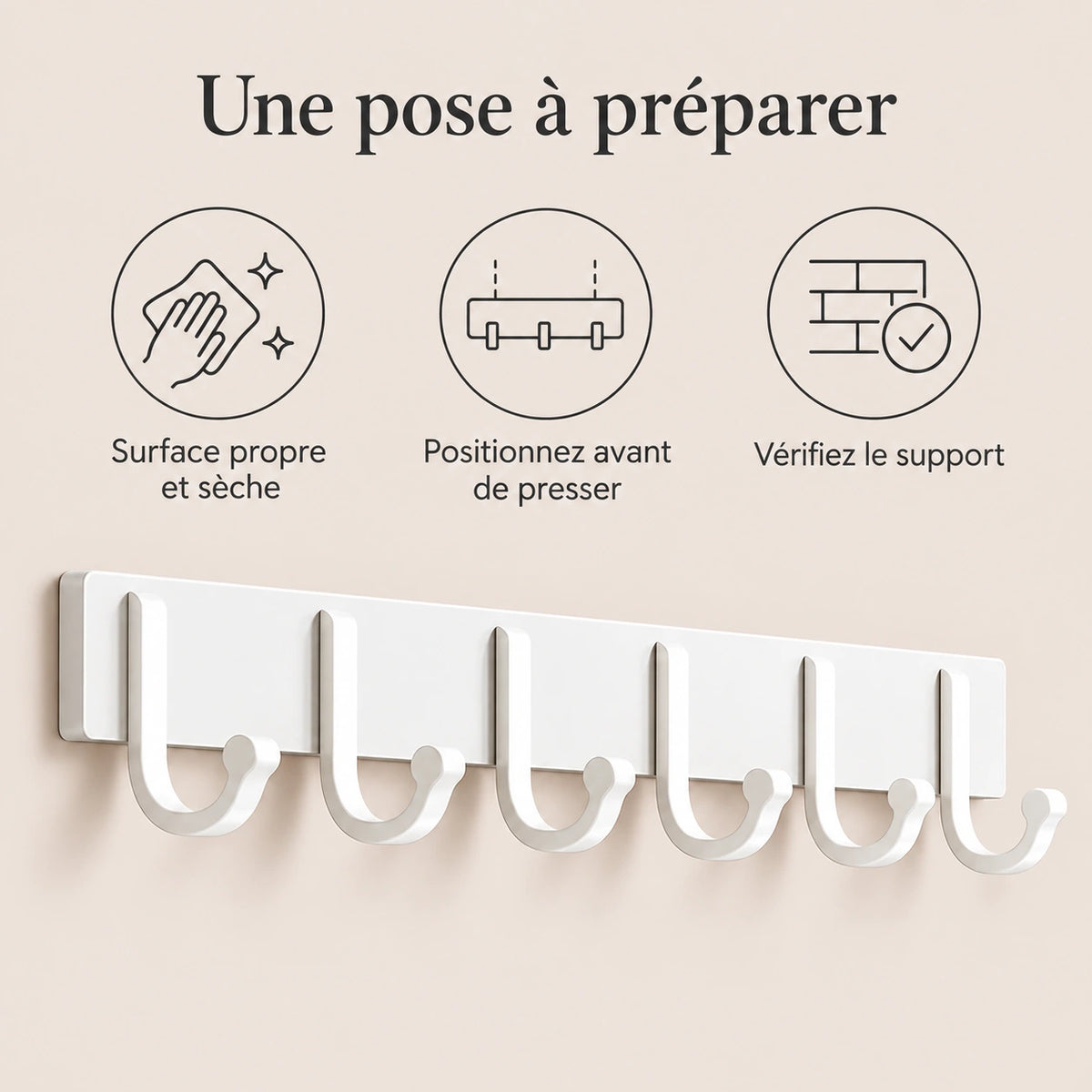 Crochet mural adhésif blanc 6 crochets aluminium — conseils de pose