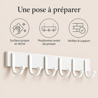 Crochet mural adhésif blanc 6 crochets aluminium — conseils de pose