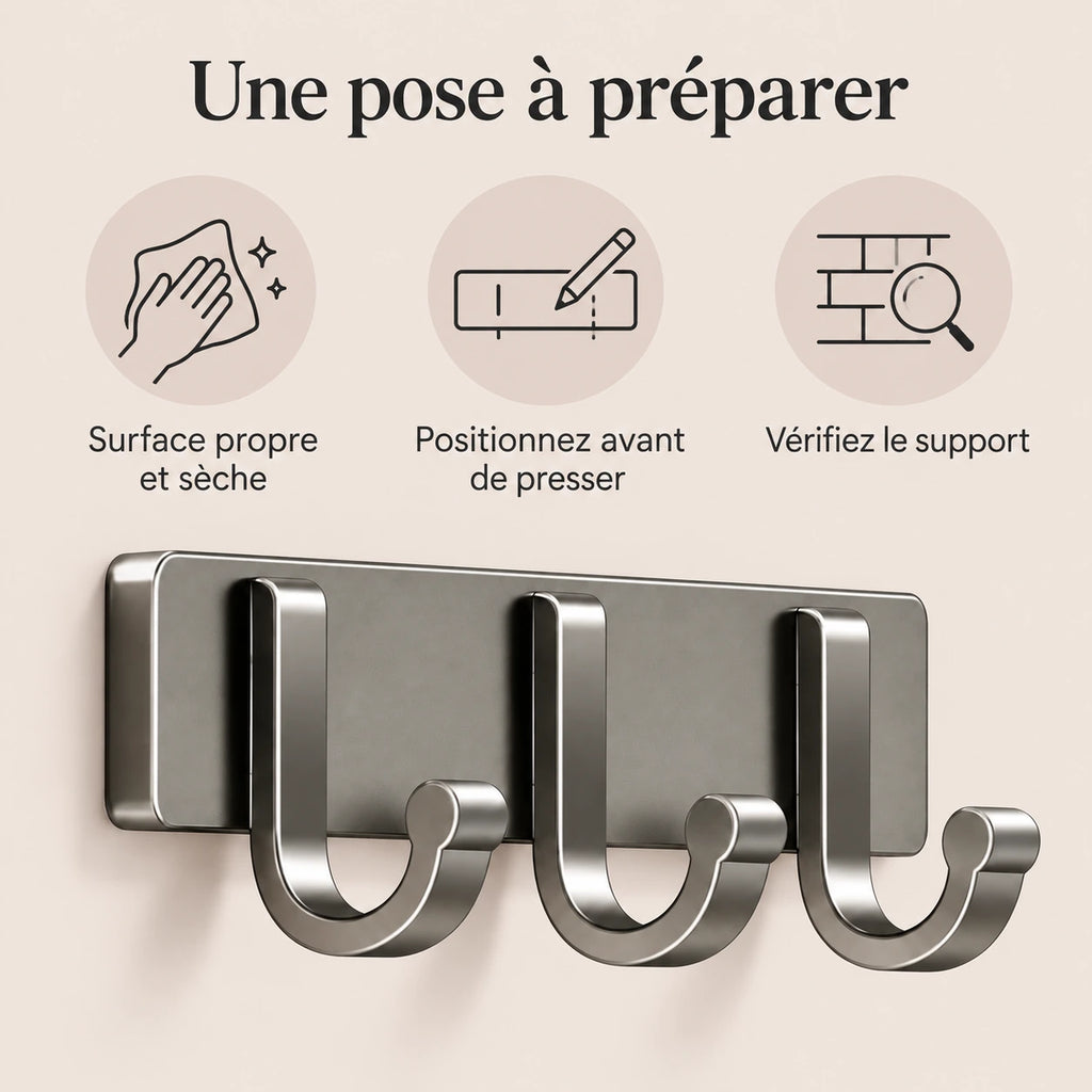 Crochet mural adhésif gris 3 crochets aluminium — conseils de pose