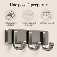 Crochet mural adhésif gris 3 crochets aluminium — conseils de pose