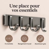 Crochet mural adhésif gris 4 crochets aluminium — bénéfices