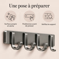 Crochet mural adhésif gris 4 crochets aluminium — conseils de pose