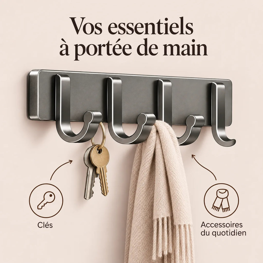 Crochet mural adhésif gris 4 crochets aluminium — utilisation