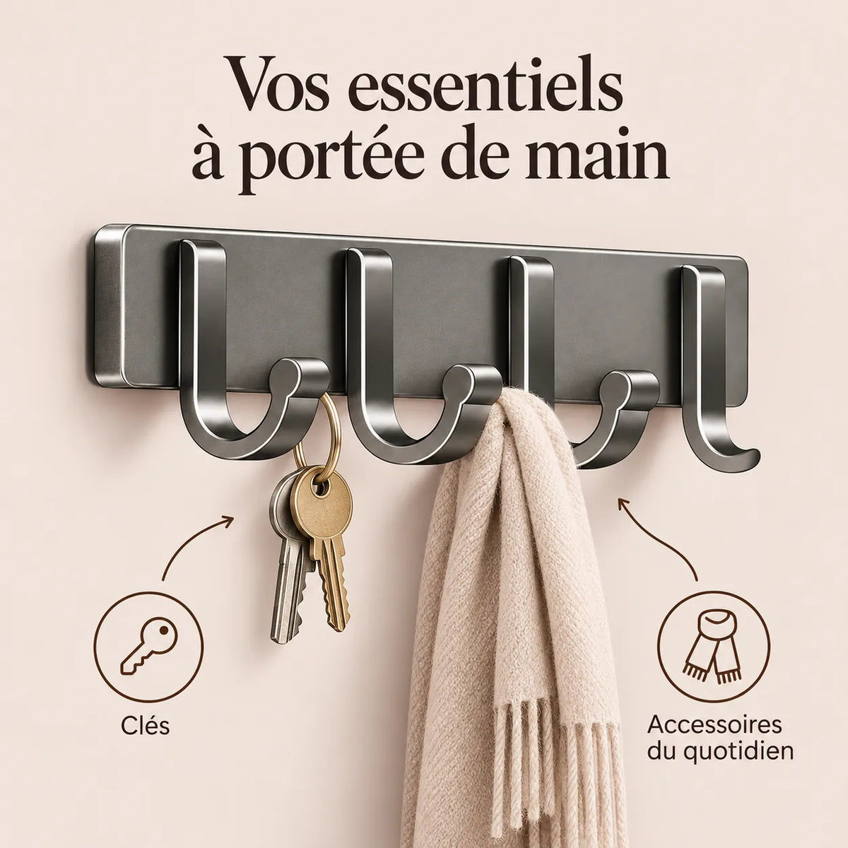 Crochet mural adhésif gris 4 crochets aluminium — utilisation