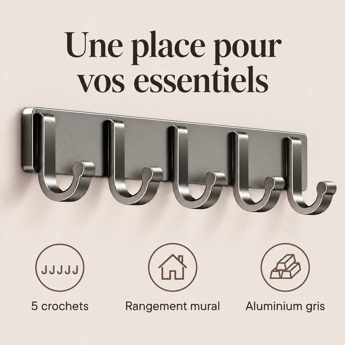 Crochet mural adhésif gris 5 crochets aluminium — bénéfices
