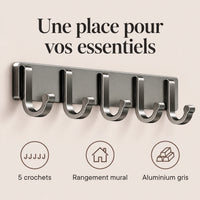 Crochet mural adhésif gris 5 crochets aluminium — bénéfices