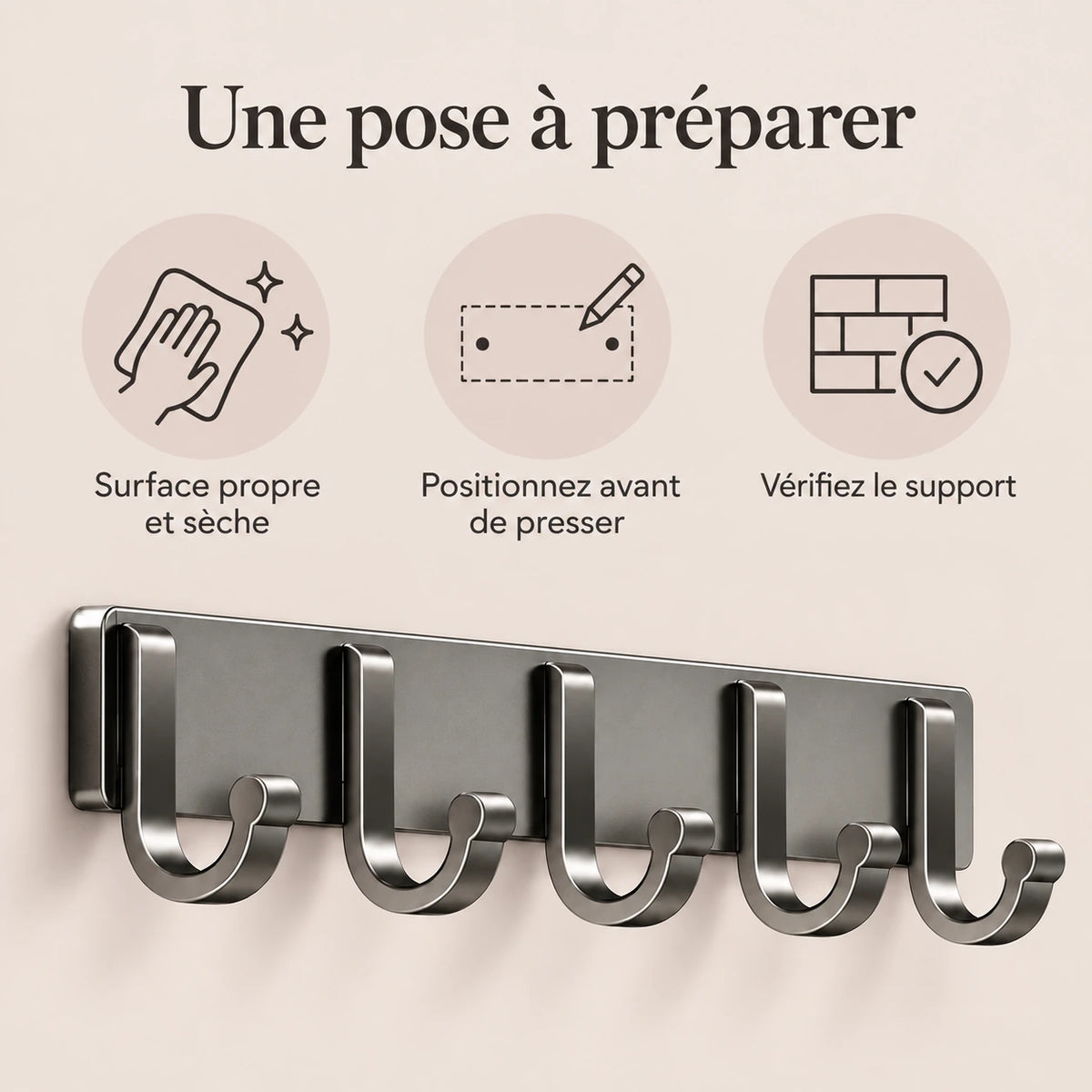 Crochet mural adhésif gris 5 crochets aluminium — conseils de pose