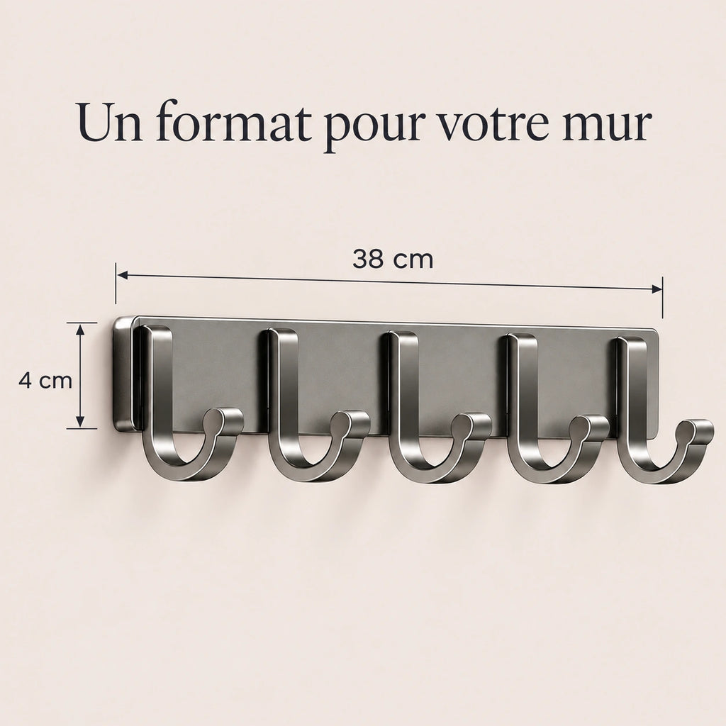 Crochet mural adhésif gris 5 crochets aluminium — dimensions