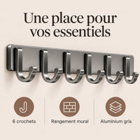 Crochet mural adhésif gris 6 crochets aluminium — bénéfices