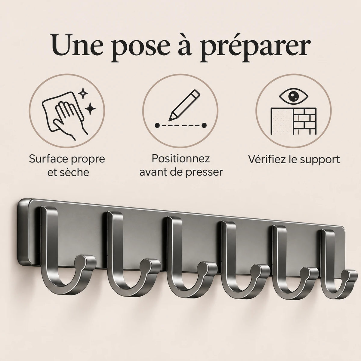 Crochet mural adhésif gris 6 crochets aluminium — conseils de pose