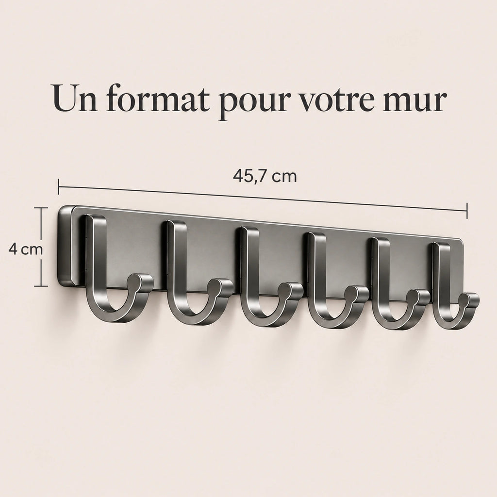 Crochet mural adhésif gris 6 crochets aluminium — dimensions