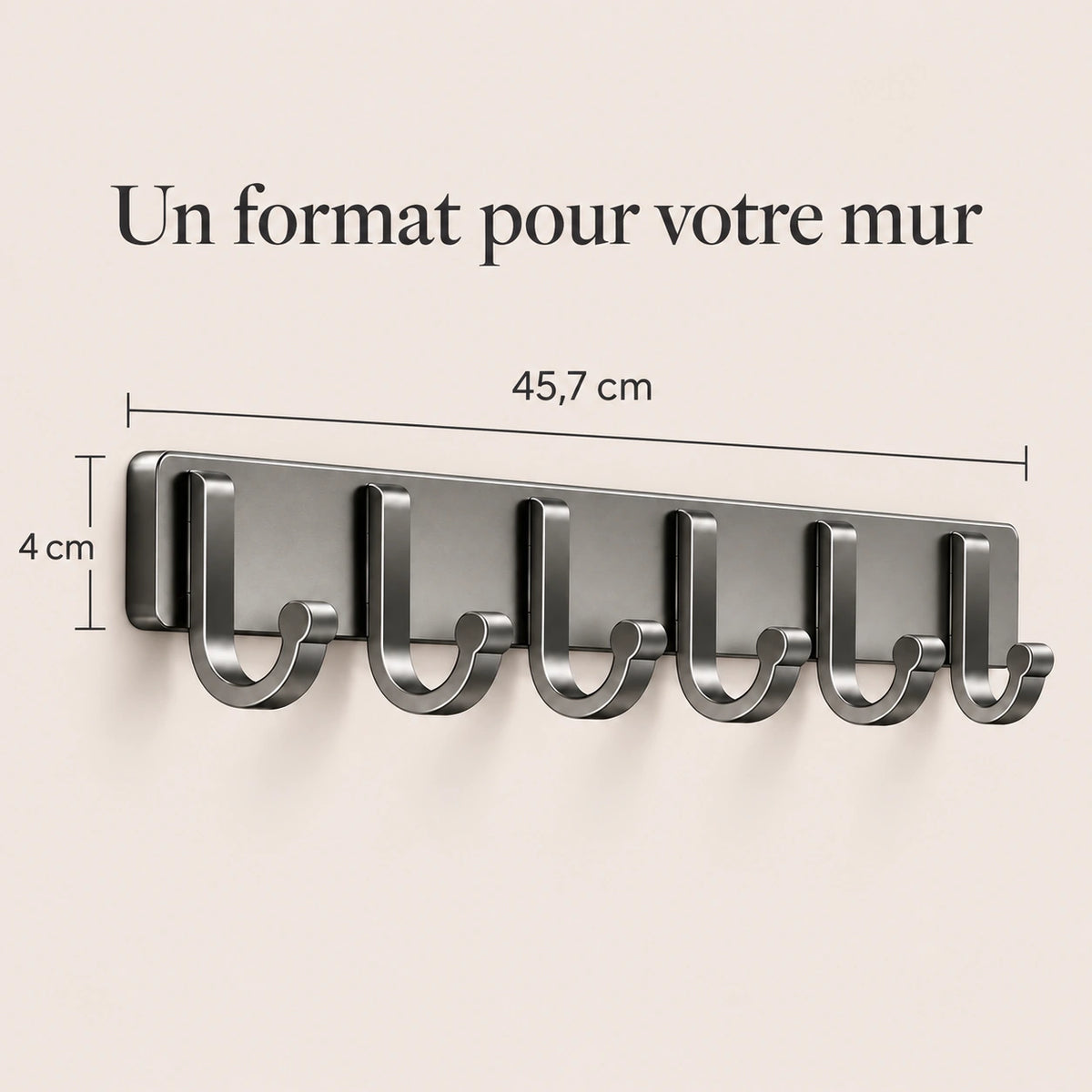 Crochet mural adhésif gris 6 crochets aluminium — dimensions